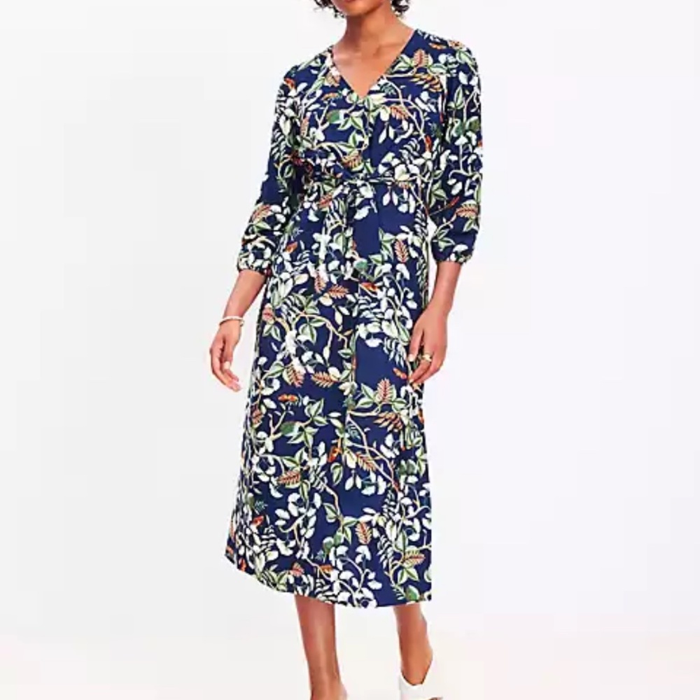 Loft midi front tie dress- blue with gingko leaves, new but without tags